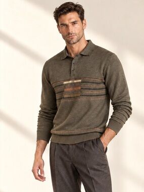 Gran Sasso 3D Stripe Wool Blend Knit Polo Sweater Textured Olive Sz L